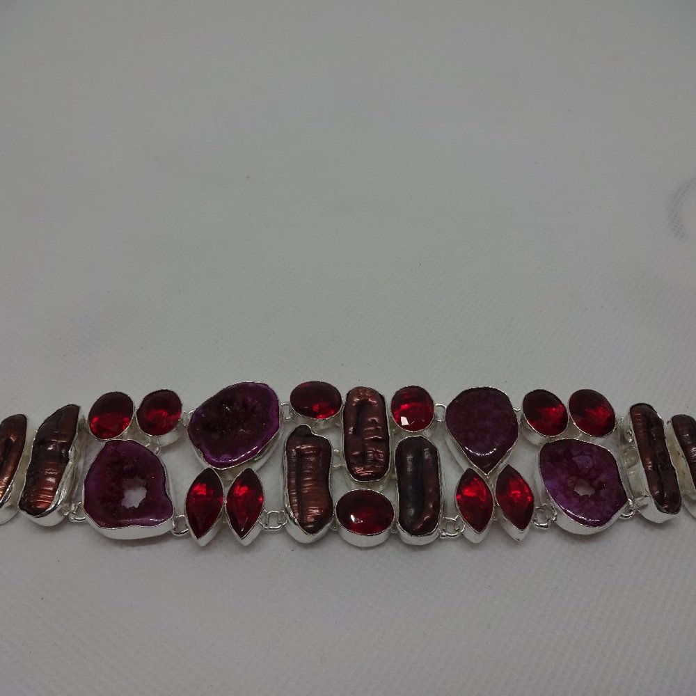 Gorgeous "PURPLE GEODE DRUZY, BIWA PEARL & RUBY" Handmade Sterling Bracelet 929
